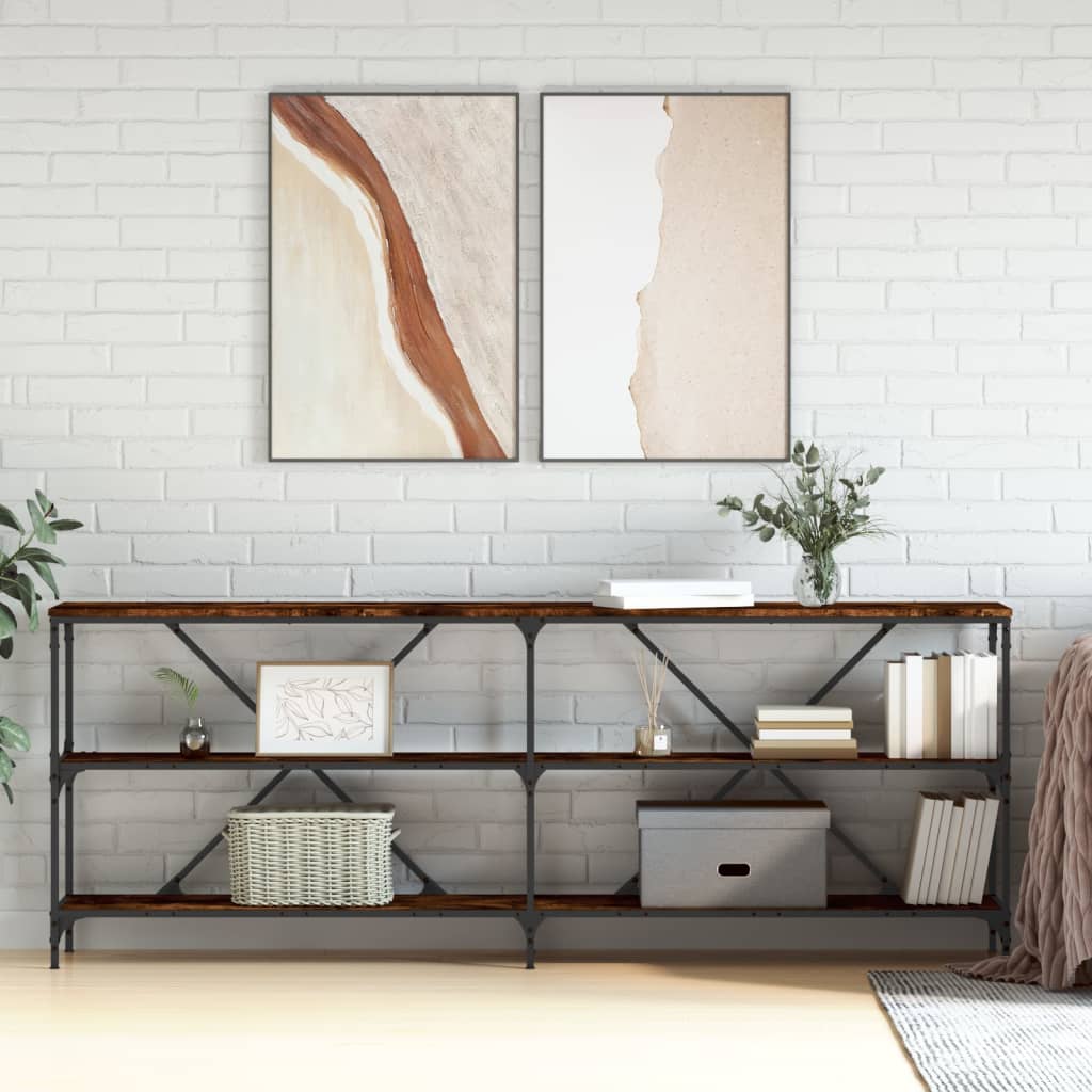 Vidaxl wandtafel 200x30x75 cm bewerkt hout en ijzer gerookt eikenkleur
