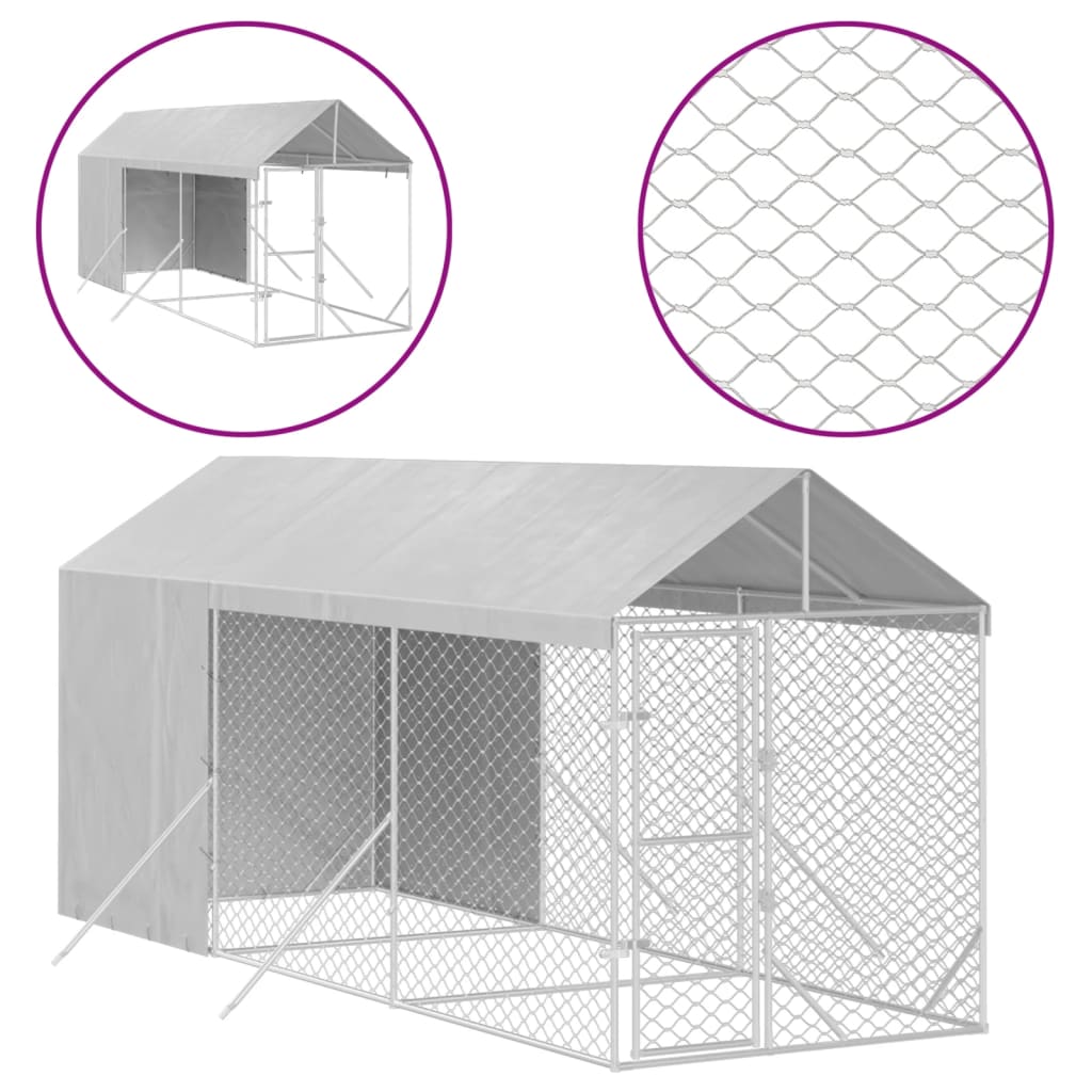 VidaXL Hundehütte mit Dach 2x6x2,5 m, verzinkter Stahl, silberfarben