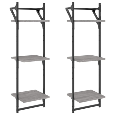 Vidaxl wandschappen 3-laags met stangen 2 st 30x25x100 cm grijs sonoma