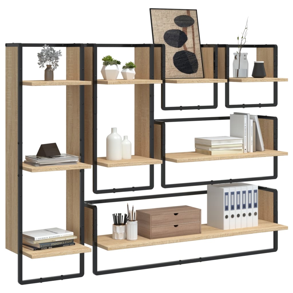 Vidaxl 6-delige wandschappenset met stangen bewerkt hout sonoma eiken
