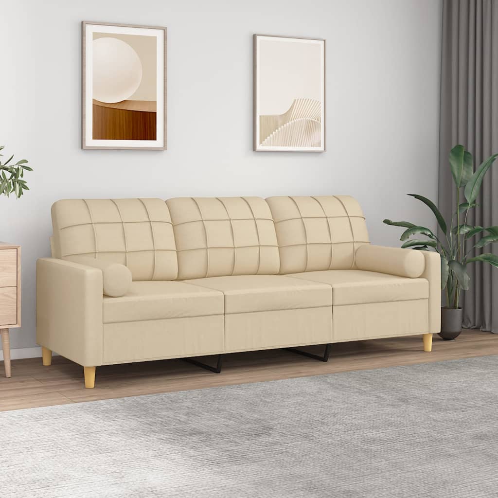 Vidaxl driezitsbank met sierkussens 180 cm stof crèmekleurig