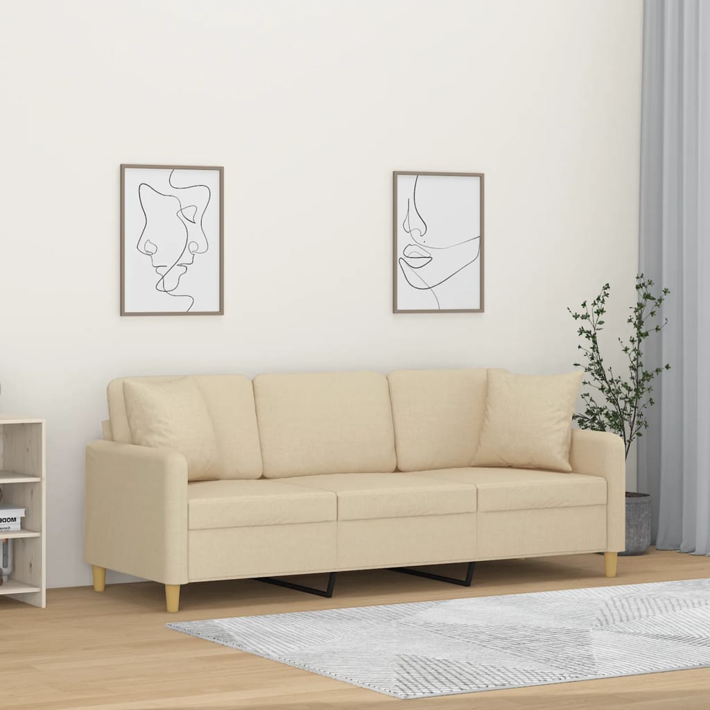 Vidaxl driezitsbank met sierkussens 180 cm stof crèmekleurig