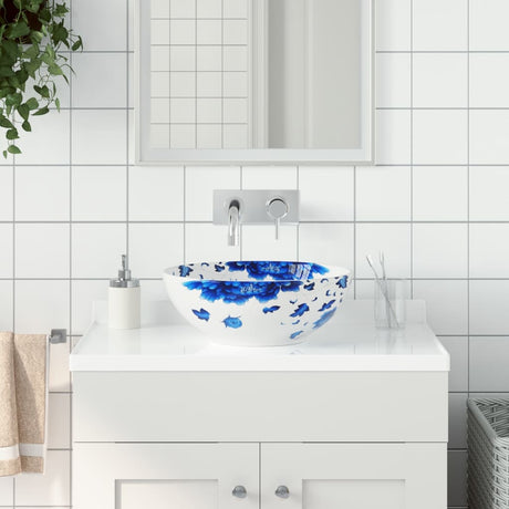 Vidaxx Aufsatzwaschbecken rund φ41x14 cm aus Keramik weiß und blau