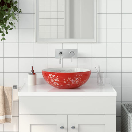 VidaXL Aufsatzwaschbecken rund Φ41x14 cm aus Keramik weiß und rot