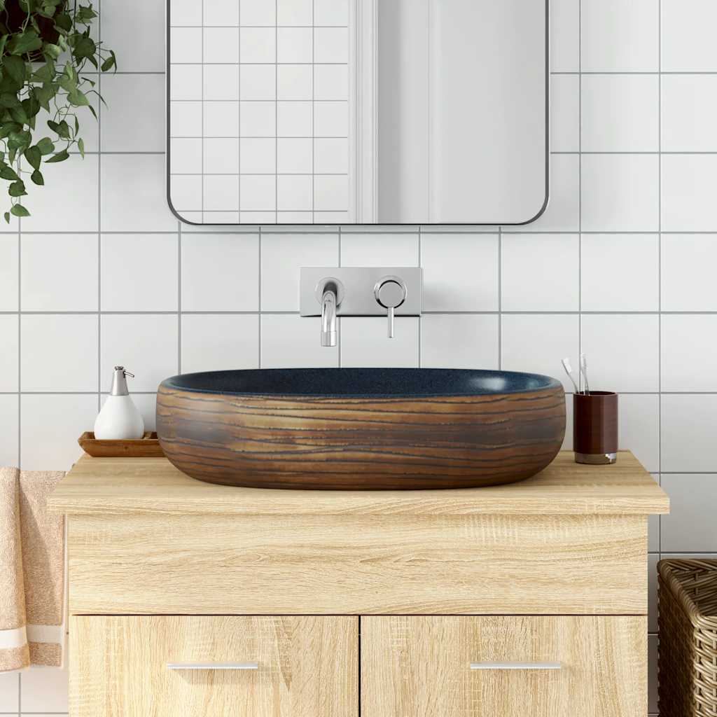 Vidaxx Aufsatzwaschbecken oval 59x40x14 cm Keramik braun und blau