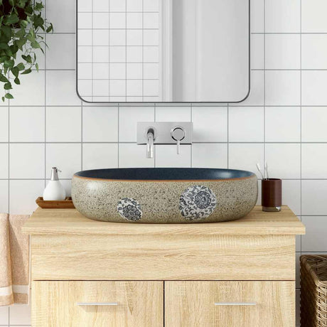 Vidaxx Aufsatzwaschbecken oval 59x40x14 cm aus Keramik sandfarben und blau
