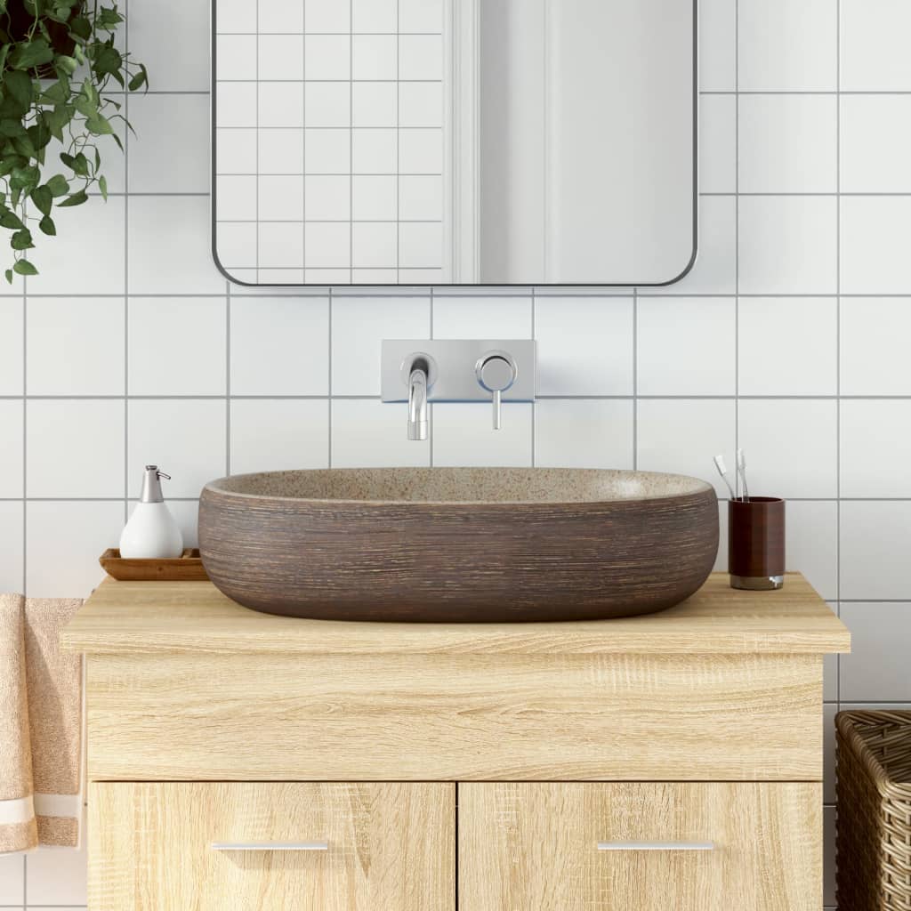 Vidaxx Aufsatzwaschbecken oval 59x40x14 cm aus Keramik sandfarben und braun