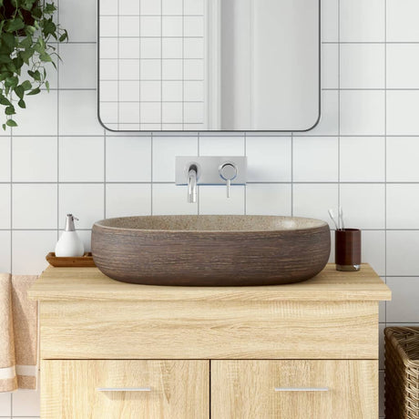 Vidaxx Aufsatzwaschbecken oval 59x40x14 cm aus Keramik sandfarben und braun