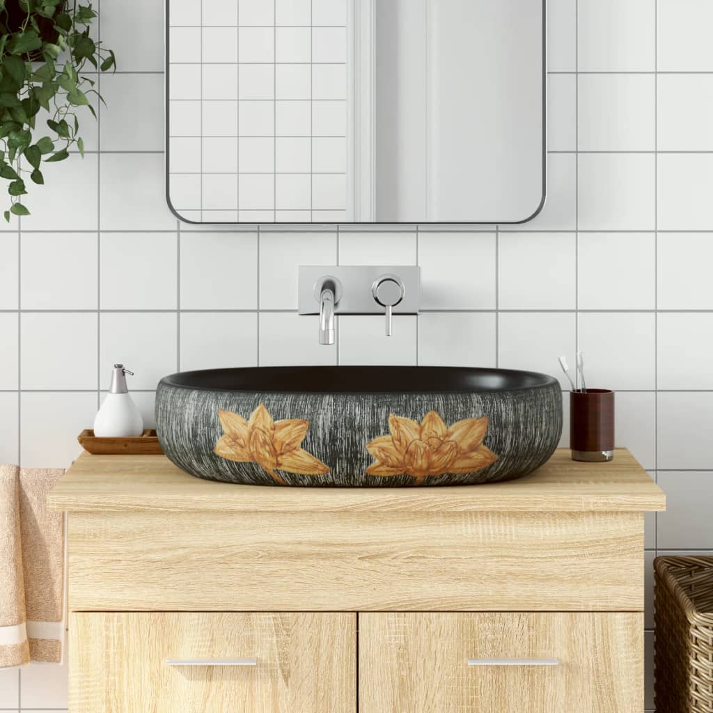 Vidaxx Aufsatzwaschbecken oval 59x40x14 cm Keramik grau und schwarz