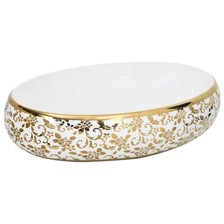 Vidaxx Aufsatzwaschbecken oval 59x40x15 cm aus Keramik weiß und gold