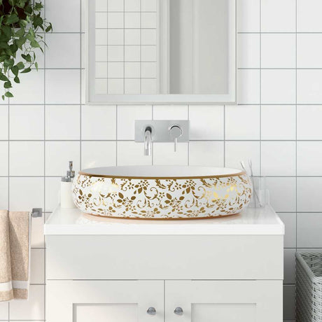 Vidaxx Aufsatzwaschbecken oval 59x40x15 cm aus Keramik weiß und gold