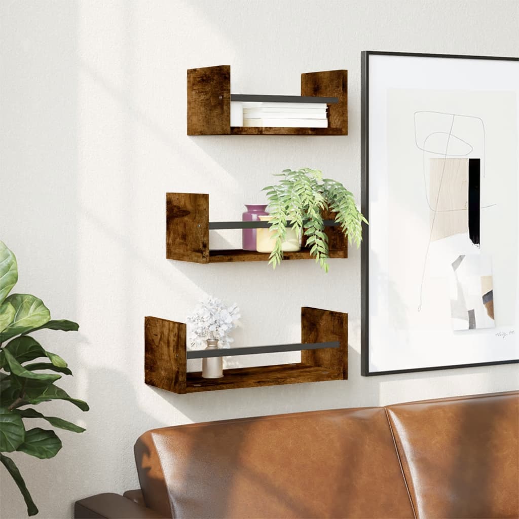 Vidaxl 3-delige wandschappenset met stangen bewerkt hout gerookt eiken