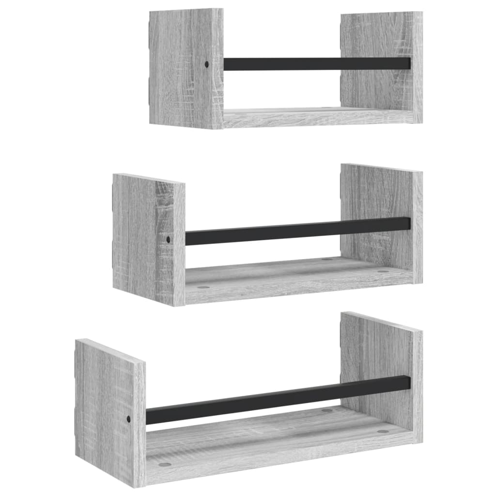 Vidaxl 3-delige wandschappenset met stangen bewerkt hout grijs sonoma