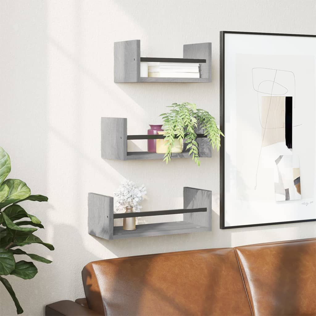 Vidaxl 3-delige wandschappenset met stangen bewerkt hout grijs sonoma