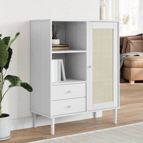 Vidaxl hoge kast senja rattan-look 90x40x112 cm massief grenenhout wit