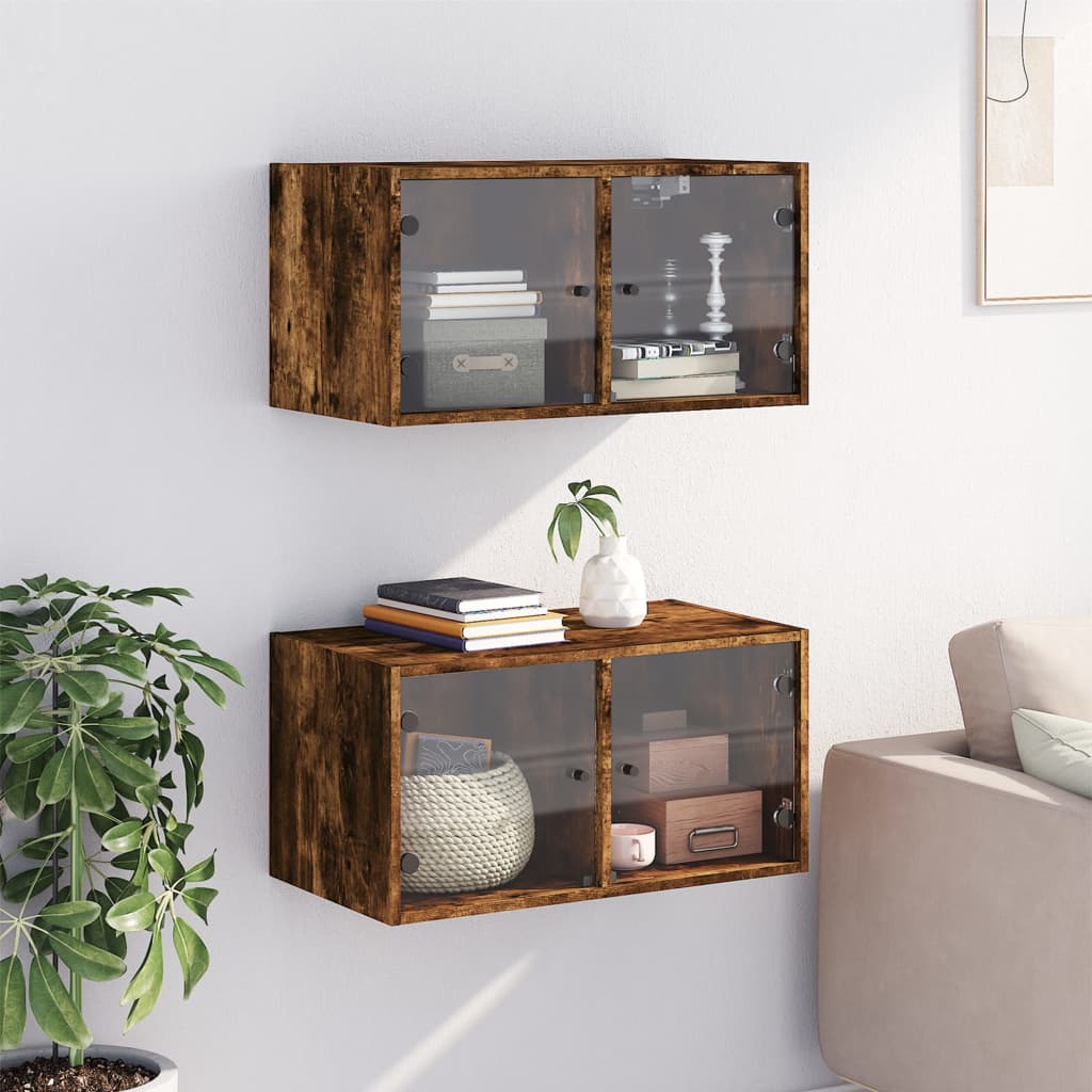 Vidaxl wandkasten met glazen deuren 2 st 68,5x37x35 cm gerookt eiken