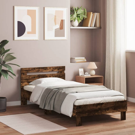 Vidaxl bedframe met hoofdeinde bewerkt hout gerookt eiken 90x200 cm