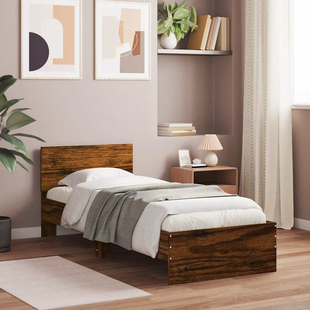 Vidaxl bedframe met hoofdeinde bewerkt hout gerookt eiken 90x200 cm