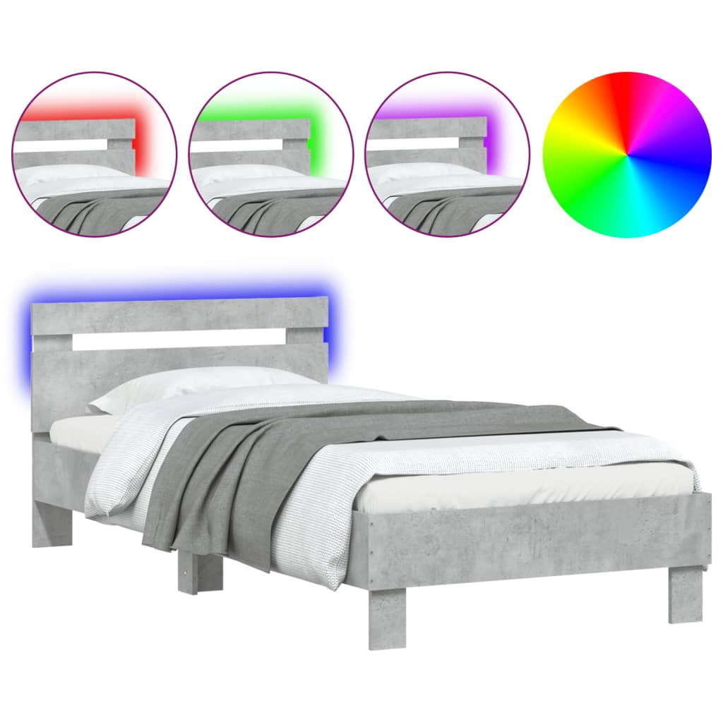 Vidaxl bedframe met hoofdbord en led-verlichting betongrijs 90x200 cm