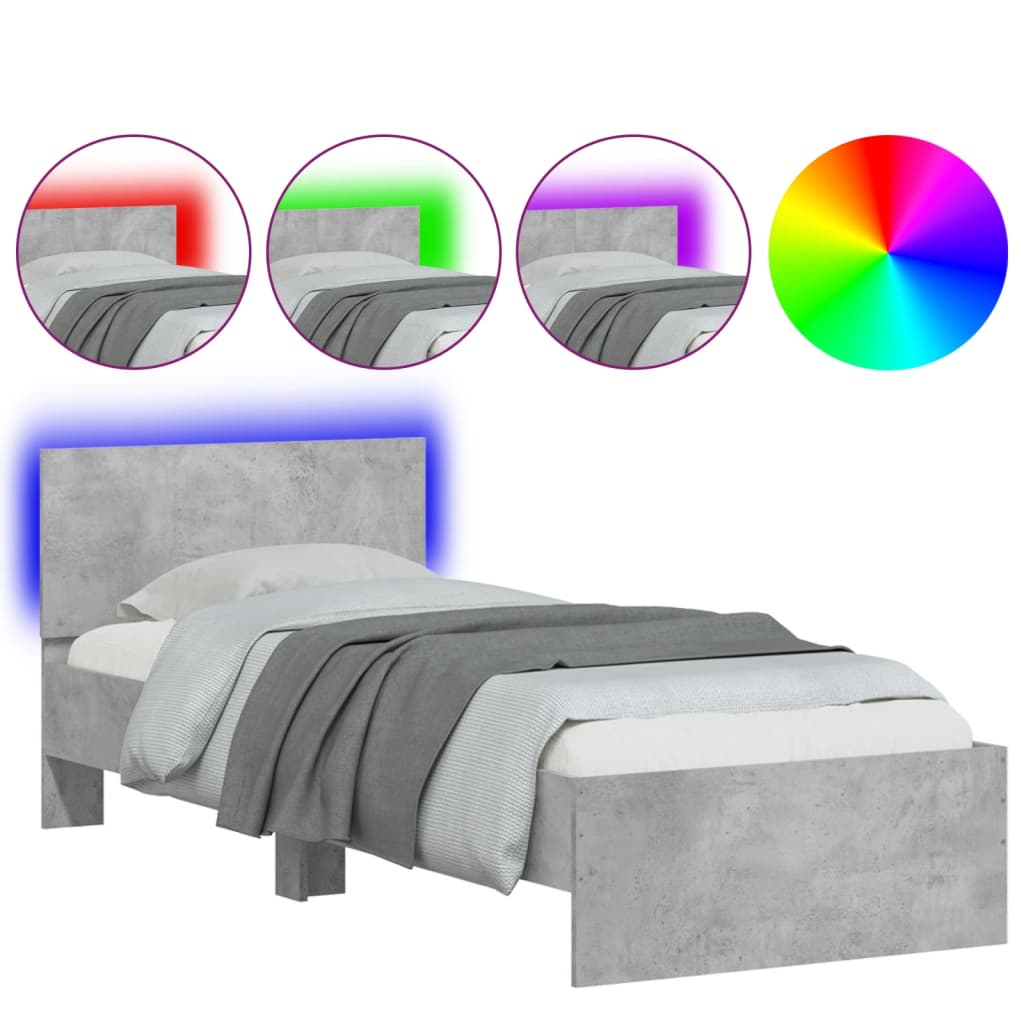 Vidaxl bedframe met hoofdbord en led-verlichting betongrijs 75x190 cm