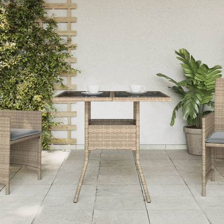 Vidaxl tuintafel met glazen blad 80x80x75 cm poly rattan beige