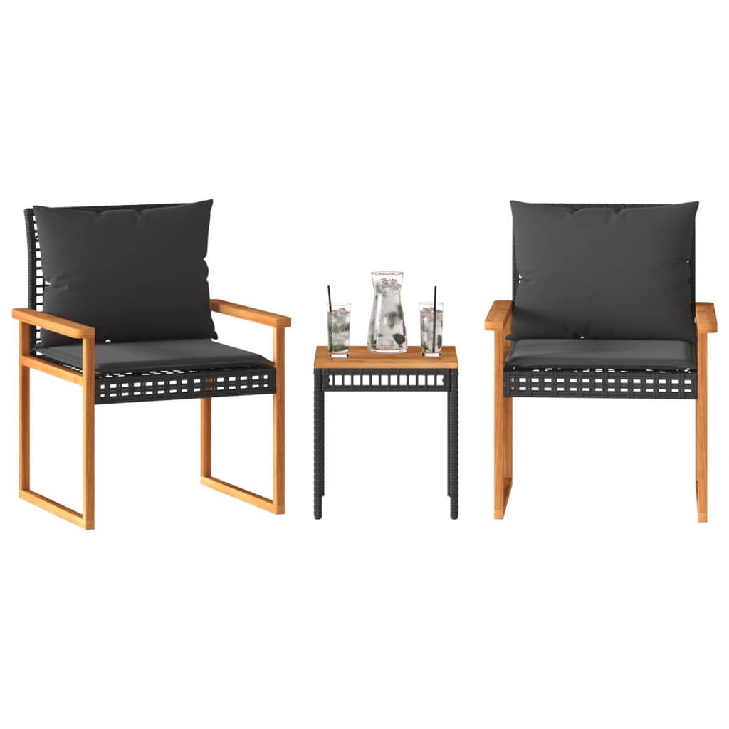Vidaxl 3-delige bistroset met kussens poly rattan en acaciahout zwart