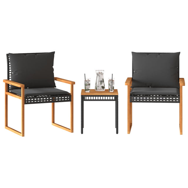 Vidaxl 3-delige bistroset met kussens poly rattan en acaciahout zwart