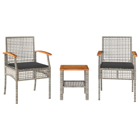 Vidaxl 3-delige bistroset met kussens poly rattan en acaciahout grijs