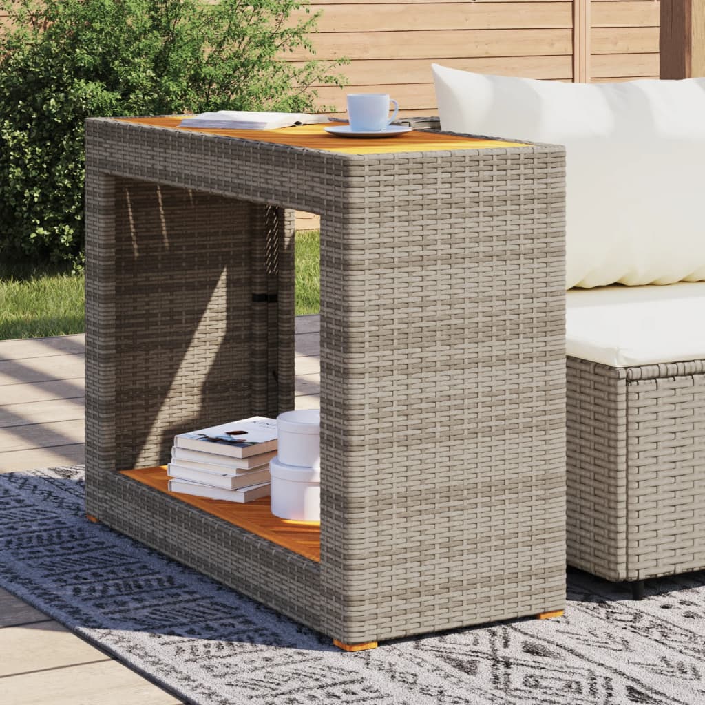 Vidaxl tuinbijzettafel met houten blad 100x40x75 cm poly rattan grijs