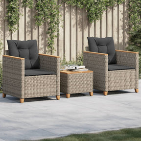 Vidaxl 3-delige bistroset met kussens poly rattan en acaciahout grijs