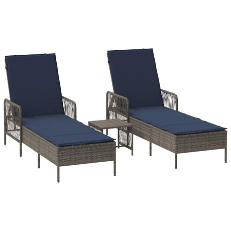 Vidaxl ligstoel 3 st poly rattan grijs en marineblauw
