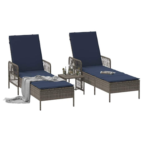 Vidaxl ligstoel 3 st poly rattan grijs en marineblauw