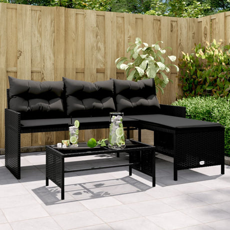Vidaxl tuinbank met tafel en kussens l-vormig poly rattan zwart