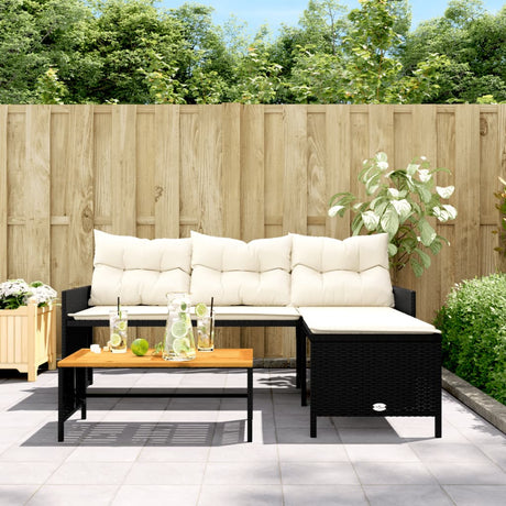 Vidaxl tuinbank met tafel en kussens l-vormig poly rattan zwart