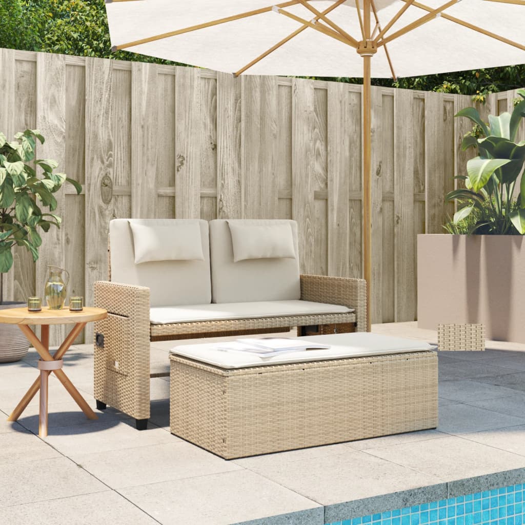Vidaxl tuinbankje verstelbaar met kussens poly rattan beige