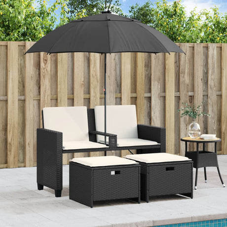 Vidaxl tuinbank 2-zits met parasol en voetenbanken poly rattan zwart
