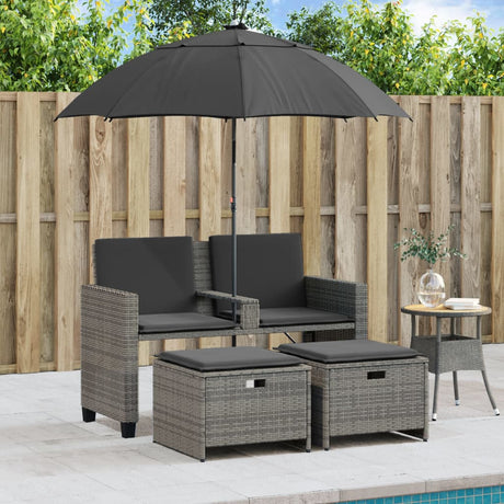 Vidaxl tuinbank 2-zits met parasol en voetenbanken poly rattan grijs