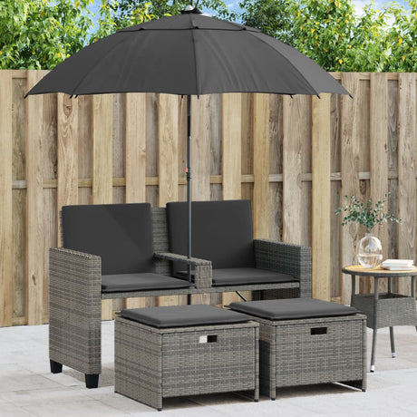 Vidaxl tuinbank 2-zits met parasol en voetenbanken poly rattan grijs