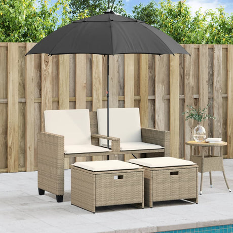 Vidaxl tuinbank 2-zits met parasol en voetenbanken poly rattan beige