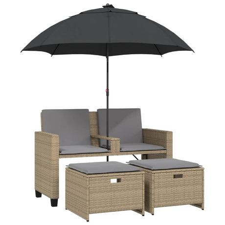 Vidaxl tuinbank 2-zits met parasol en voetenbanken poly rattan beige