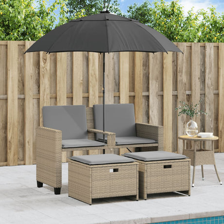 Vidaxl tuinbank 2-zits met parasol en voetenbanken poly rattan beige