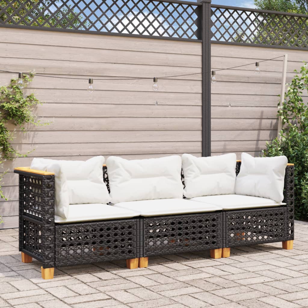 Vidaxl tuinbank 3-zits met kussens poly rattan zwart
