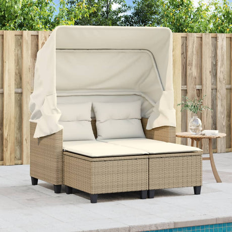 Vidaxl tuinbank 2-zits met luifel en voetenbanken poly rattan beige