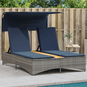 Vidaxl ligbed 2-persoons met luifel en kussens poly rattan grijs