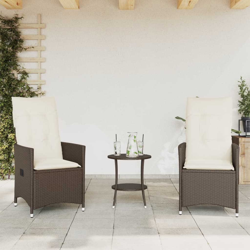 Vidaxl 3-delige bistroset met kussens poly rattan bruin