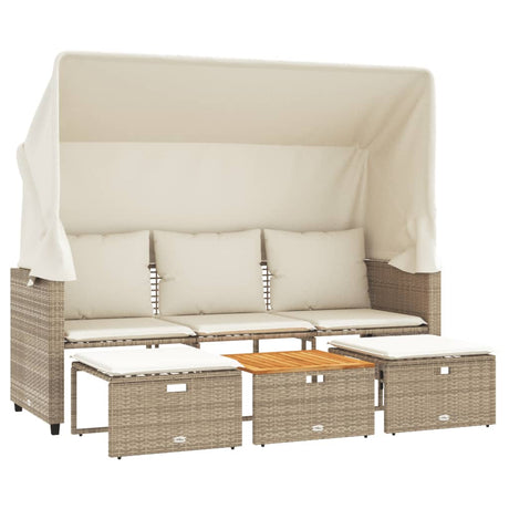 Vidaxl tuinbank 3-zits met luifel en voetenbanken poly rattan beige