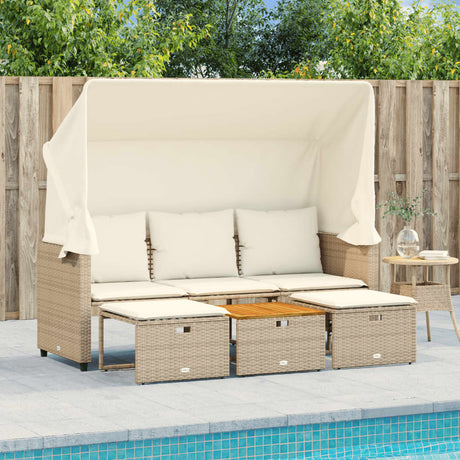 Vidaxl tuinbank 3-zits met luifel en voetenbanken poly rattan beige