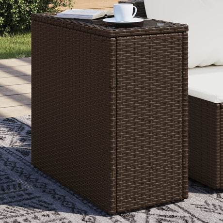 Vidaxl tuinbijzettafel met glazen blad 58x27,5x55 cm poly rattan bruin