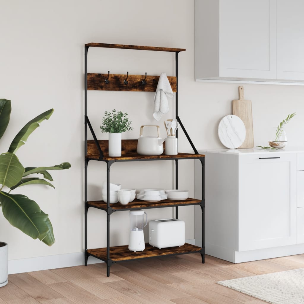 Vidaxl Bäckerregal mit Haken, 4-schichtig verarbeitetes Holz, geräucherte Eiche