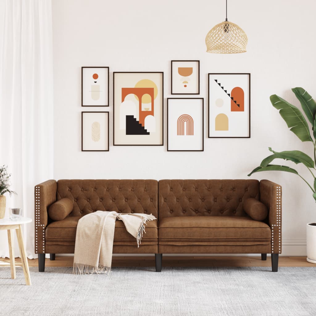 Vidaxl driezitsbank chesterfield-stijl met bolsters kunstsuède bruin